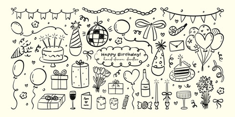 Vector set of hand-drawn whimsical birthday illustrations for greeting card, poster, invitation design. Line art party decorations, food and desserts. Ink scribble for celebration event