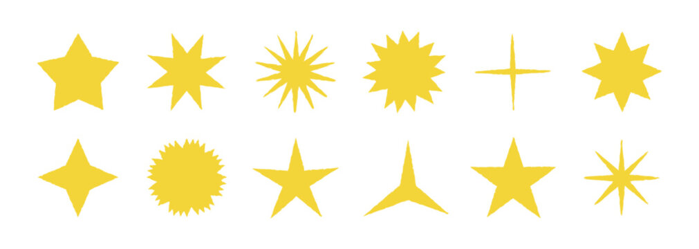 Chalk yellow star shapes with rough outline doodle style. Star hand drawn crayon pencil sticker gold vector set. Chorcoal simple organic elements for children, packaging, branding, decoration projects