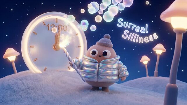 A fluffy character stands in a snowy landscape holding a sparkler. The clock shows midnight as colorful bubbles float around. The setting is playful and imaginative