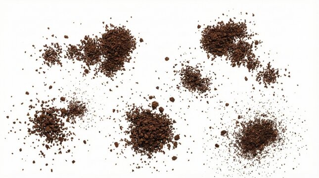 Scattered coffee grounds on white background,high-resolution food texture shot ideal for culinary blogs,packaging design,coffee industry promotions and ingredient visuals