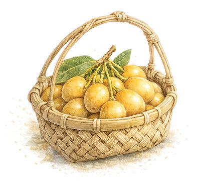 Burmese Grape in Thai Bamboo Basket Isolated on Transparent Background