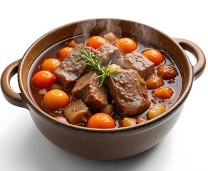 A bowl of steaming hot beef stew with carrots and rosemary in a rustic ceramic pot. provencal beef stew