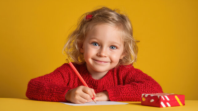 Ni&ntilde;a de seis a&ntilde;os, rubia de ojos azules con jersey rojo. Est&aacute; escribiendo una carta en papel blanco con lapiz naranja, sentada apoyada en una mesa con una caja de regalo roja, sobre fondo amarillo