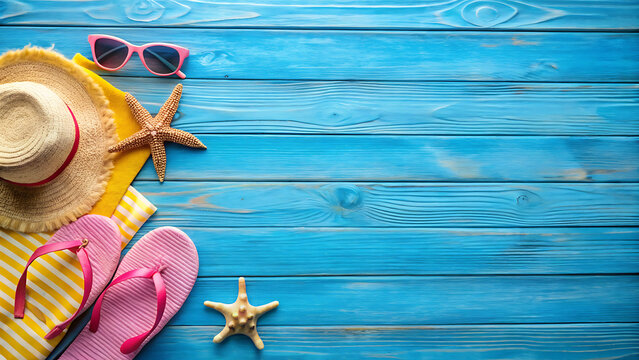 Relaxing summer accessories arranged on a blue wooden background