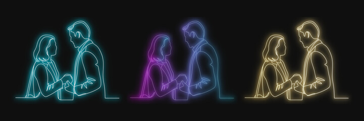 Neon Couple Set, Glowing Figures, Romantic Connection, Vector Illustration