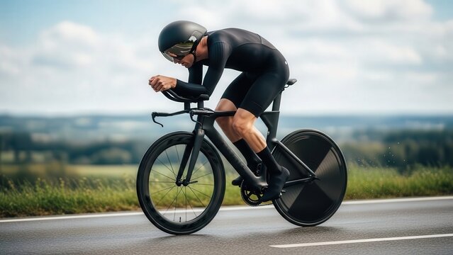 High-Speed Cycling Athlete Riding Road Bike on Open Road Under Clear Sky
