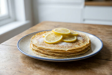Traditional British Pancakes with Lemon and Sugar on Pancake Day