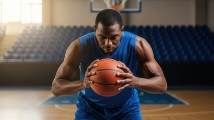 Naklejka premium Young Male Basketball Player Preparing for Free Throw in Indoor Court