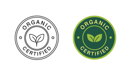 Collection of two different style organic certified stamps featuring a simple leaf sprout icon demonstrating natural product verification and quality assurance