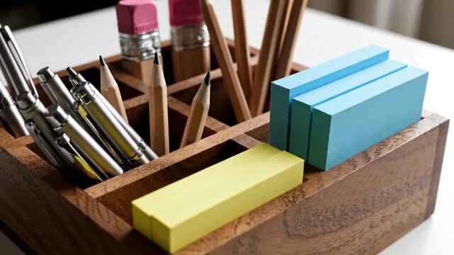 Close-up of a wooden desk organizer filled with pens, pencils, and sticky notes, on a white surface