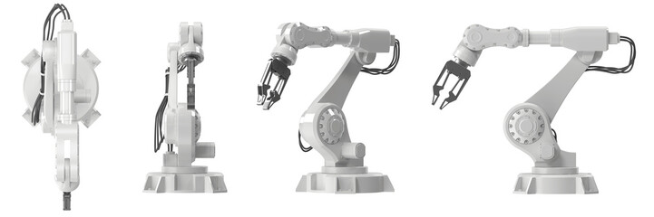 Industrial robotic arm with gripper shown from multiple angles on a white background