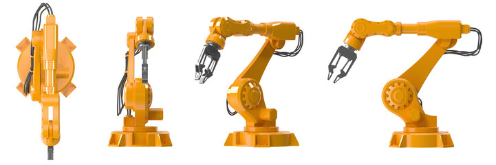 Industrial robotic arm in multiple views, showcasing its articulated joints and gripper