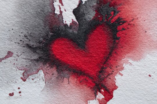 Heart shape forming from red and black watercolor splashes