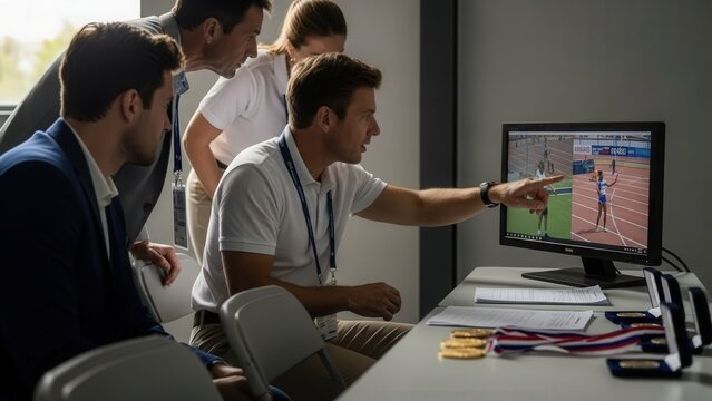 Sports Coach Analyzing Tennis Match on Computer Screen During Training Session