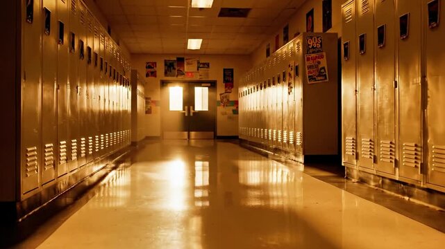 A dimly lit school hallway with rows of metal lockers and a shiny floor stretches into the background, where a bright light emanates from a doorway