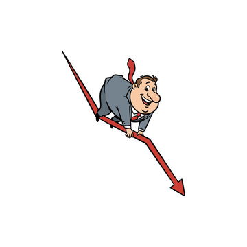 Smiling businessman riding a downward red arrow, symbolizing economic decline.