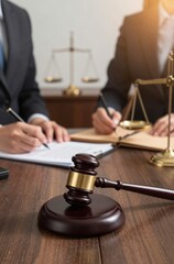 Legal consultation scene featuring a wooden judge's gavel on a dark desk while attorneys review important paperwork and justice scales await