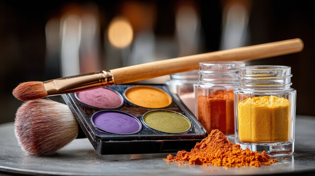 Vibrant jester face paint palette and makeup tools on table