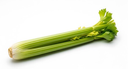 Fototapeta premium Fresh Green Celery Stalk with Leaves on White Background Healthy Snacking