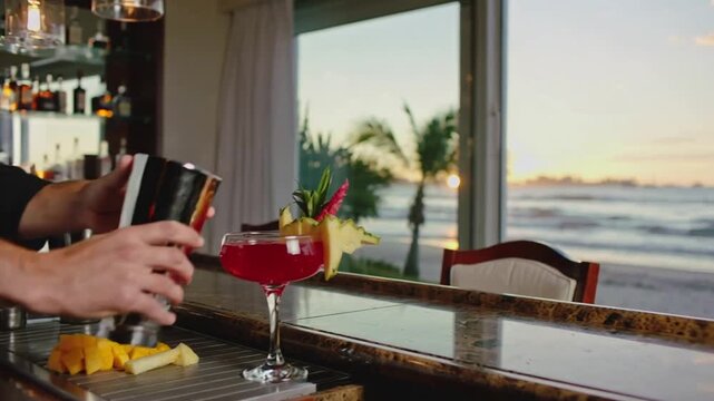 Bartender pouring red cocktail drink with mango and pineapple garnish