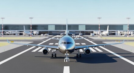 Front view of a commercial airplane on a runway at a modern airport terminal.