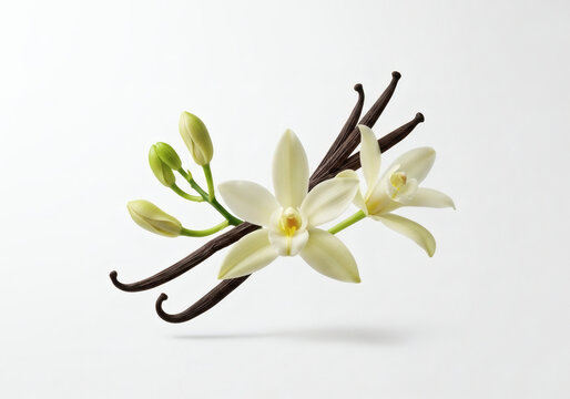 Professional-quality white background images of vanilla flowers and vanilla beans／バニラビーンズ・バニラ・花