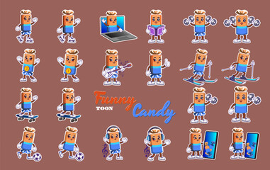 Vector set of cute, funny cartoon candies in various situations. Collection of stickers. Sports, skiing, football, skating, music, guitar and dumbbells. Computer, smartphone, book and skateboard