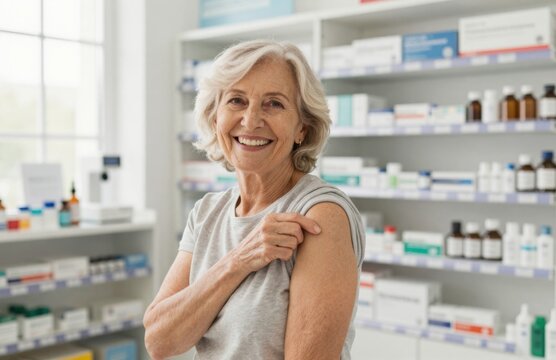Happy Senior Woman in Pharmacy After Vaccination, Showing Arm Point, Demonstrating Healthcare Success and Wellness