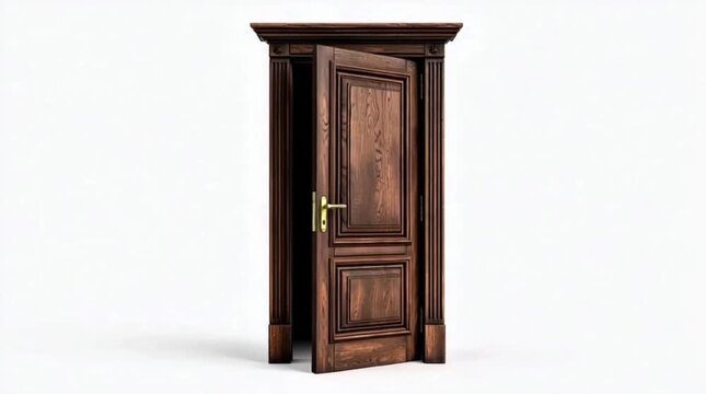 An elegantly crafted wooden door, slightly ajar, beckoning with an air of mystery and new possibilities, framed against a pristine white background, representing thresholds and choices