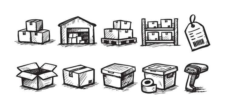 Hand-drawn style doodle set featuring shipping boxes, a warehouse, storage shelves, barcode scanner, and packaging. Perfect for illustrating logistics, e-commerce or delivery services.
