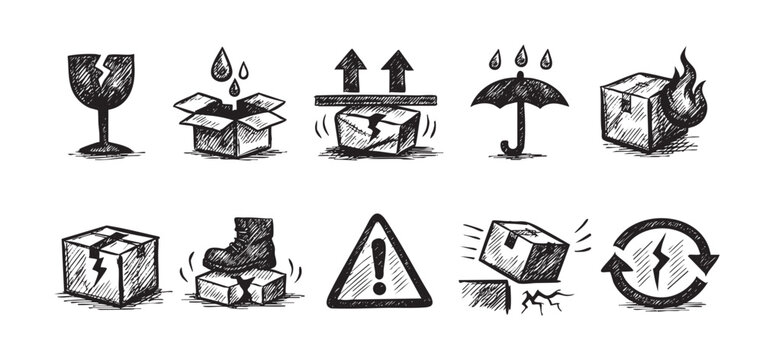Hand-drawn vector icons for shipping and handling. Contains symbols for fragile goods, keep dry, heavy weight, protect from rain, and other common package warnings.
