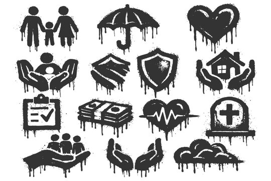 Grunge insurance icons: family, health, home, and safety symbols in black and white.