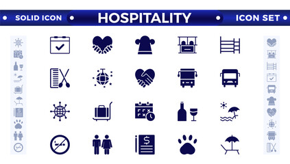 Obraz premium Set of solid icons related to the hospitality industry. Travel set. Summer vacations and holiday symbol vector illustration. traveling tourism elements. 