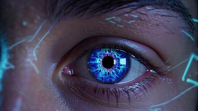 Cybernetic eye processing glowing futuristic data