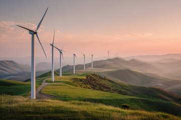 Naklejka premium Wind Turbines on Rolling Green Hills at Sunset