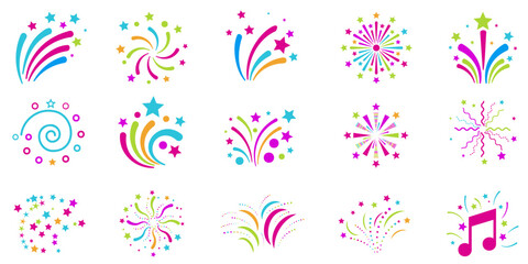 Obraz premium Colorful fireworks icon set, vibrant celebration sparklers, party firecrackers and festive ornaments in flat vector style