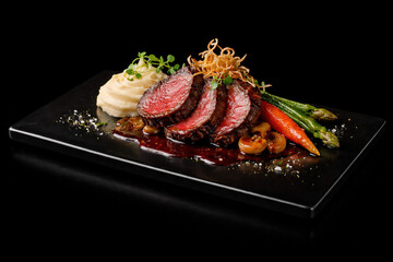 Fine dining steak on a black glossy plank - AI generated illustration