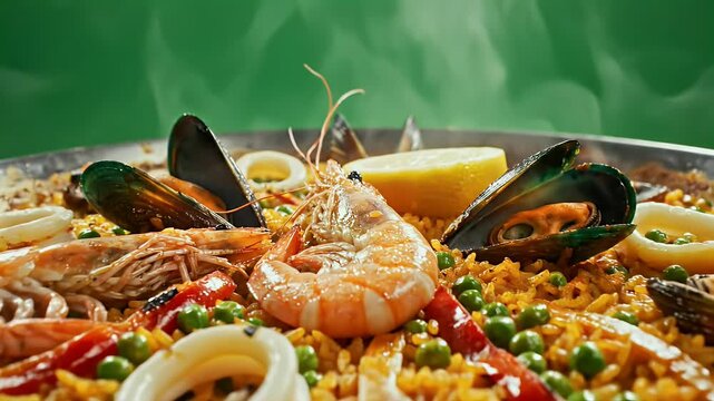 A vibrant Spanish dish, featuring seafood, rice, and vegetables, steaming over a green background