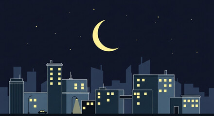 City Skyline at Night with Crescent Moon and Stars