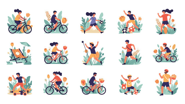 Grid of colorful icons depicting people enjoying various outdoor physical activities and sports in a natural park setting.