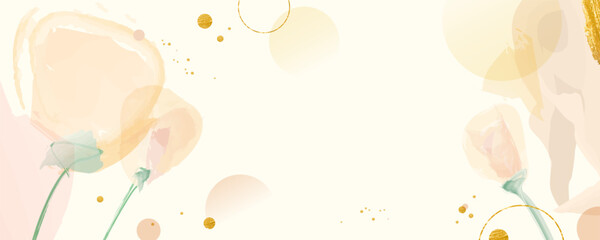 Abstract watercolor flowers and golden details background banner