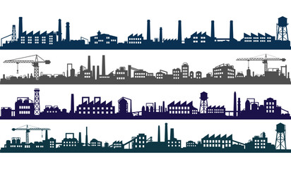 Naklejka premium Silhouettes of industrial city skylines with factories and cranes in different colors factory