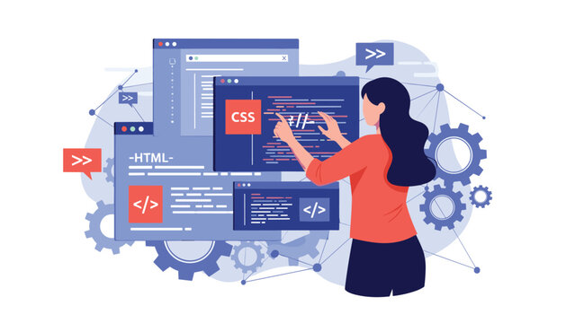 Female web developer working on website design using html and css code with floating windows and gear elements.