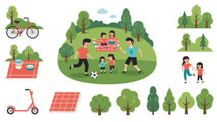 Fototapeta premium Collection of flat vector icons and characters for park recreation, including children playing, family gathering, and sports equipment.
