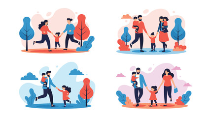 Fototapeta premium Collection of flat vector illustrations featuring parents and their kids enjoying quality time, bonding, and exploring nature outdoors.