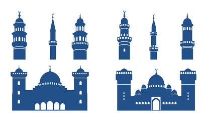 Blue silhouette icons of mosque minarets and mosque buildings with domes and crescent moons islam religion © AIGen Studio