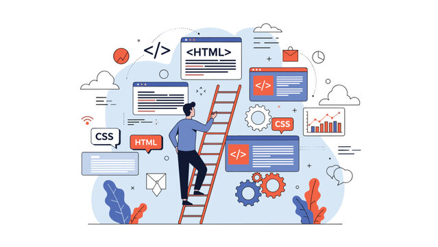Programmer climbing a ladder to build a web infrastructure using html and css elements in a cloud background.