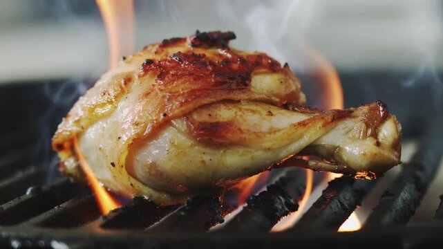 Grilled Chicken on Fire B Q Grill Closeup Sizzling Meat