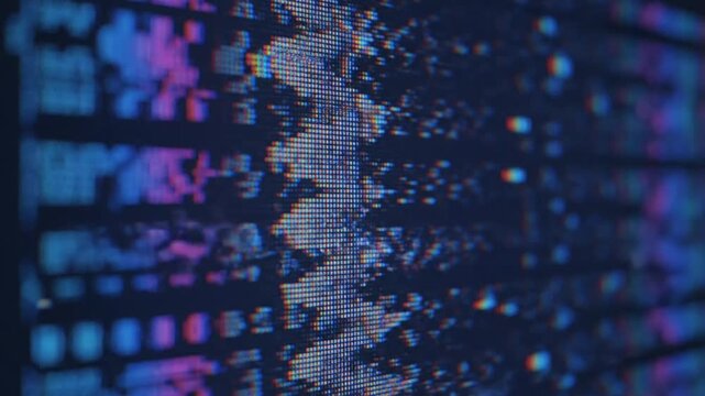 Abstract digital data stream, glitch effect, blue and pink pixels on a dark background