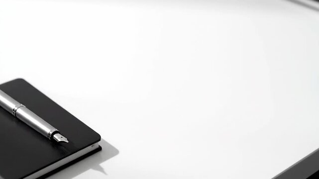 Shadows Dance Across Notebook and Pen on White Workspace.